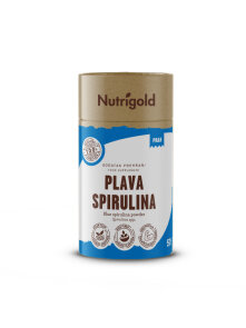 Nutrigold blue spirulina powder in a cylindrical cardboard packaging of 50g