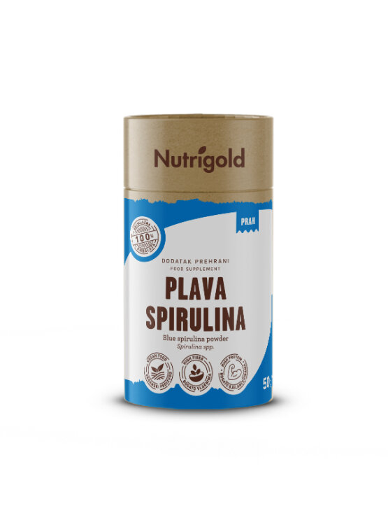 Nutrigold blue spirulina powder in a cylindrical cardboard packaging of 50g