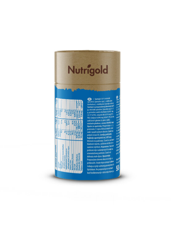 Nutrigold blue spirulina powder in a cylindrical cardboard packaging of 50g