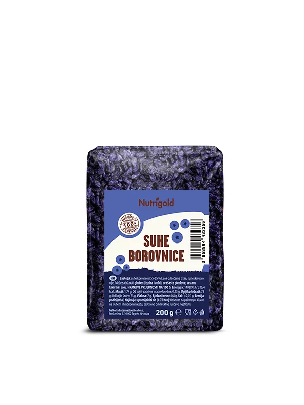 Nutrigold dried blueberries in a transparent packaging of 200g