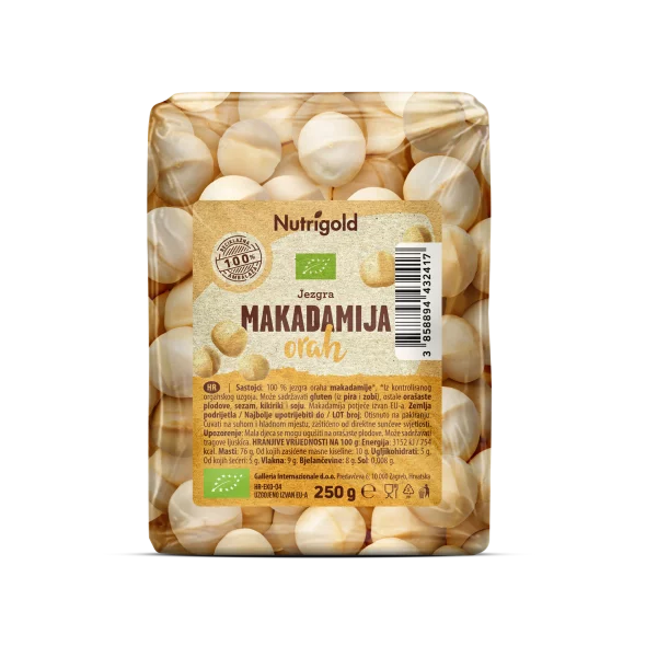 Nutrigold organic macadamia nuts in a transparent packaging of 250g