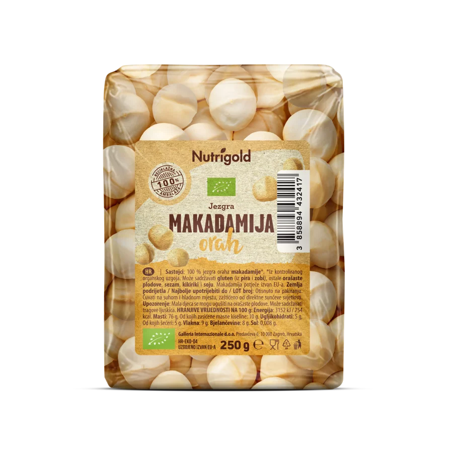 Nutrigold organic macadamia nuts in a transparent packaging of 250g