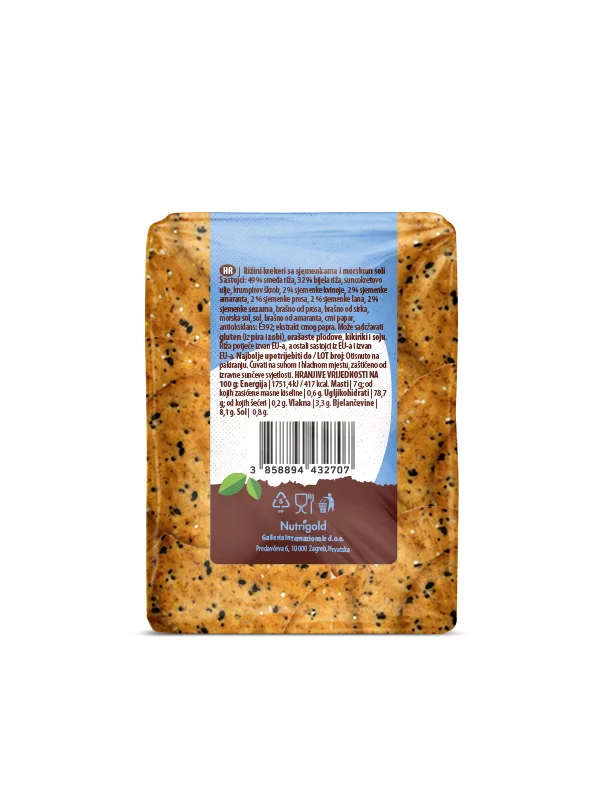 Nutrigold rice crackers with seeds and sea salt in a transparent packaging of 100g