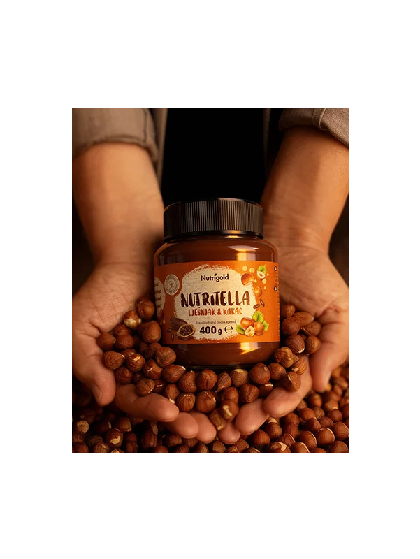 Nutrigold organic hazelnut and cocoa spread Nutritella in a glass jar of 400g