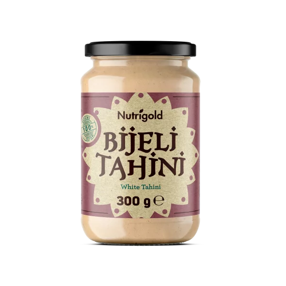 Nutrigold white tahini paste in a glass jar of 300g
