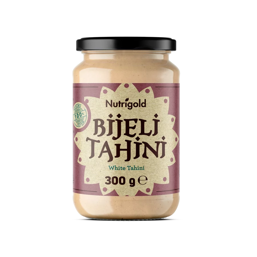 Nutrigold white tahini paste in a glass jar of 300g