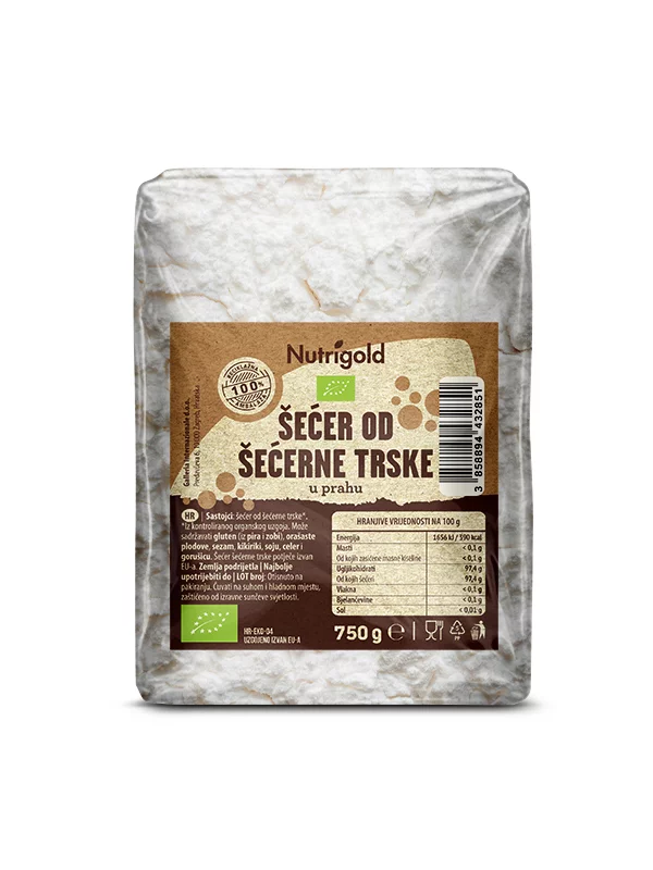 Nutrigold organic powdered cane sugar in a transparent packaging of 750g