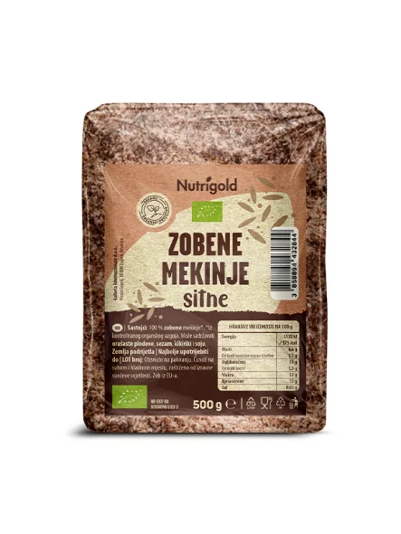 Nutrigold organic oat bran in a transparent packaging of 500g