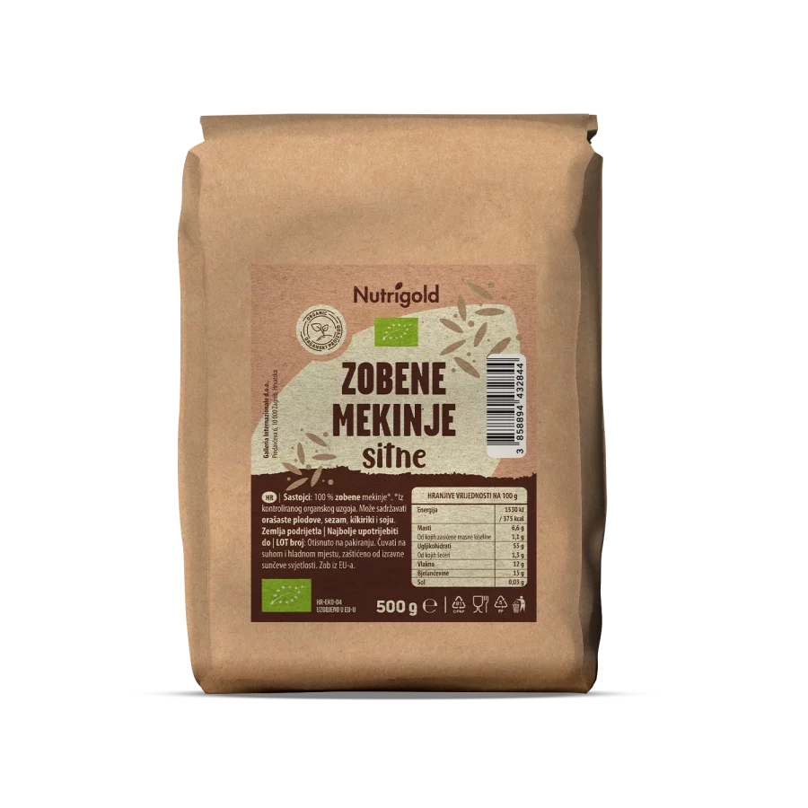 Nutrigold organic oat bran in a transparent packaging of 500g