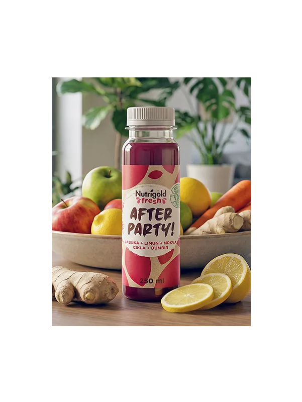 Nutrigold Fresh cold-pressed juice in a plastic transparent bottle of 250ml