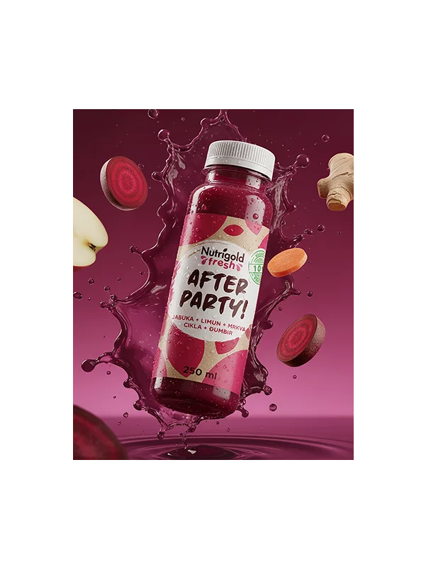 Nutrigold Fresh cold-pressed juice in a plastic transparent bottle of 250ml