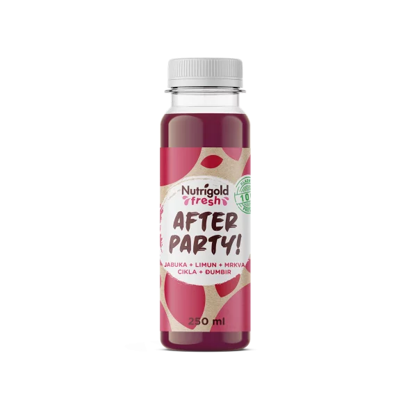 Nutrigold Fresh cold-pressed juice in a plastic transparent bottle of 250ml