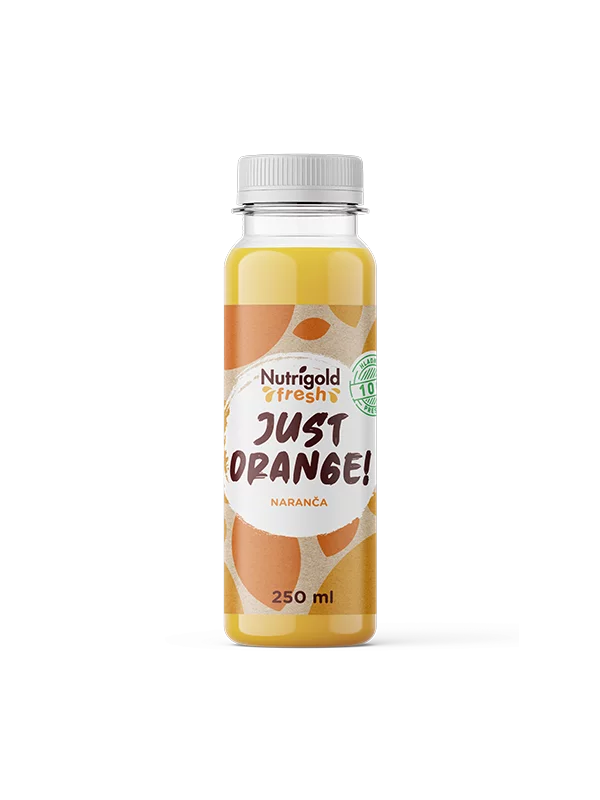 Nutrigold Fresh organic cold pressed orange juice in a transparent bottle of 250ml