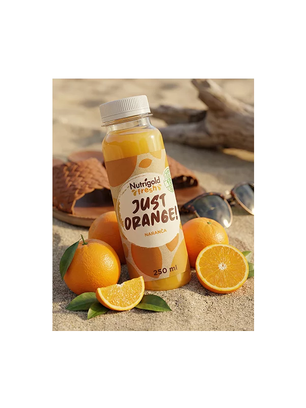Nutrigold Fresh organic cold pressed orange juice in a transparent bottle of 250ml