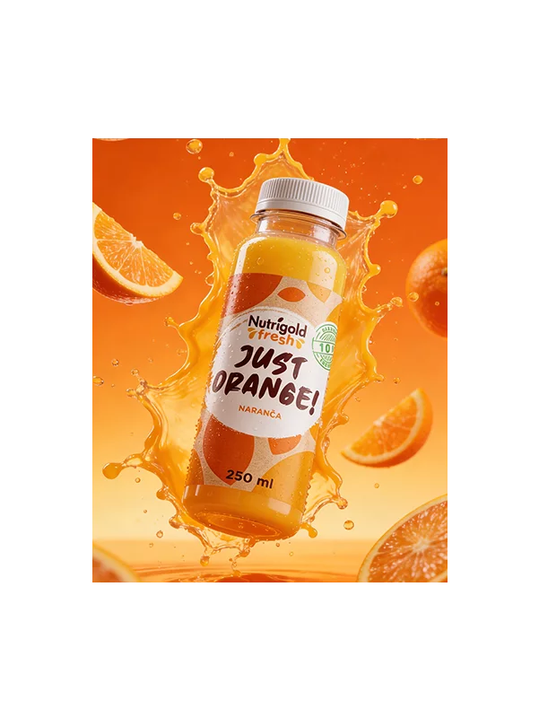 Nutrigold Fresh organic cold pressed orange juice in a transparent bottle of 250ml