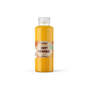 Nutrigold Fresh organic cold pressed orange juice in a transparent bottle of 250ml