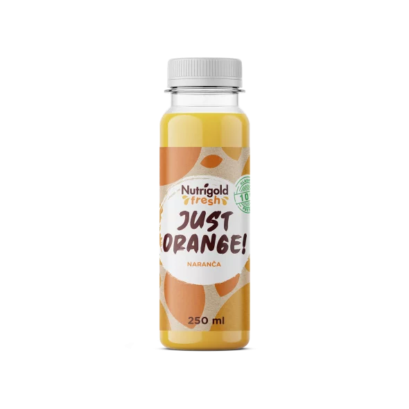Nutrigold Fresh organic cold pressed orange juice in a transparent bottle of 250ml