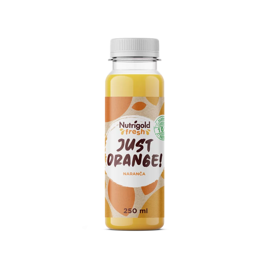 Nutrigold Fresh organic cold pressed orange juice in a transparent bottle of 250ml
