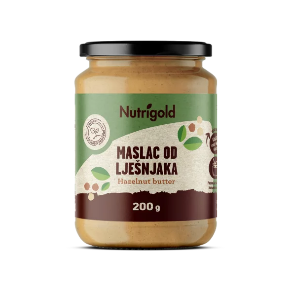 Nutrigold hazelnut butter in a plastic tub packaging of 200g
