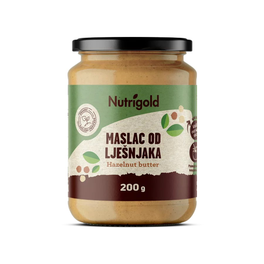 Nutrigold hazelnut butter in a plastic tub packaging of 200g