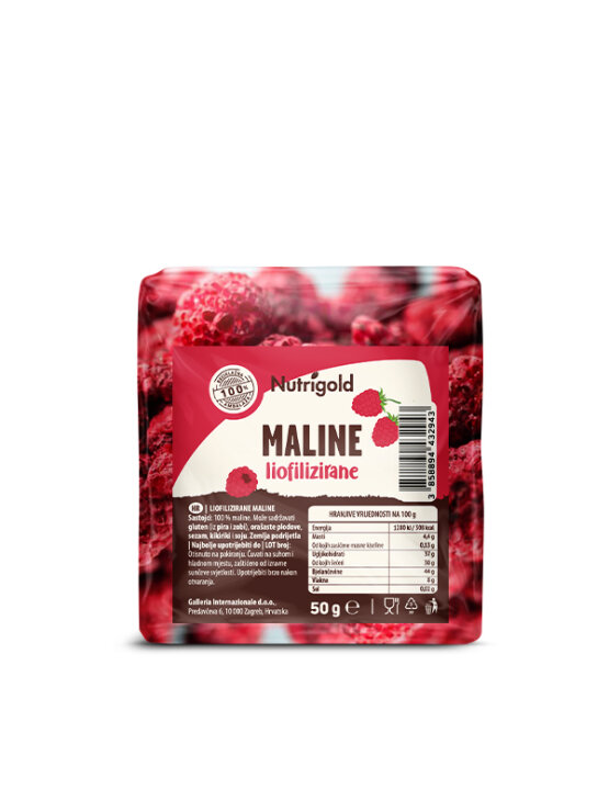 Nutrigold freeze-dried raspberries in a transparent packaging of 50g