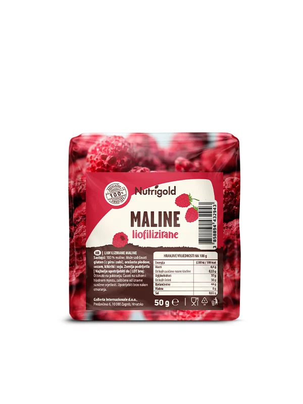 Nutrigold freeze-dried raspberries in a transparent packaging of 50g