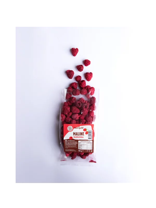 Nutrigold freeze-dried raspberries in a transparent packaging of 50g