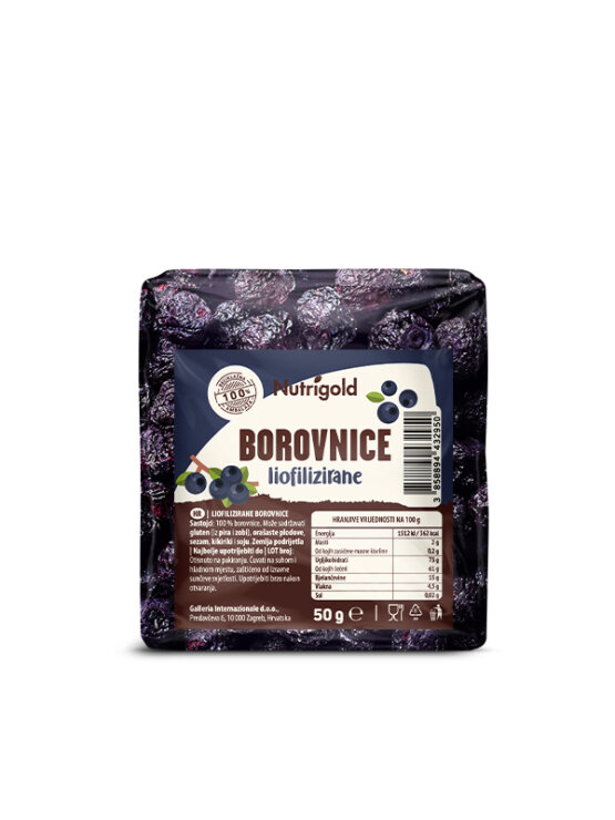 Nutrigold freeze-dried blueberries in a transparent packaging of 50g