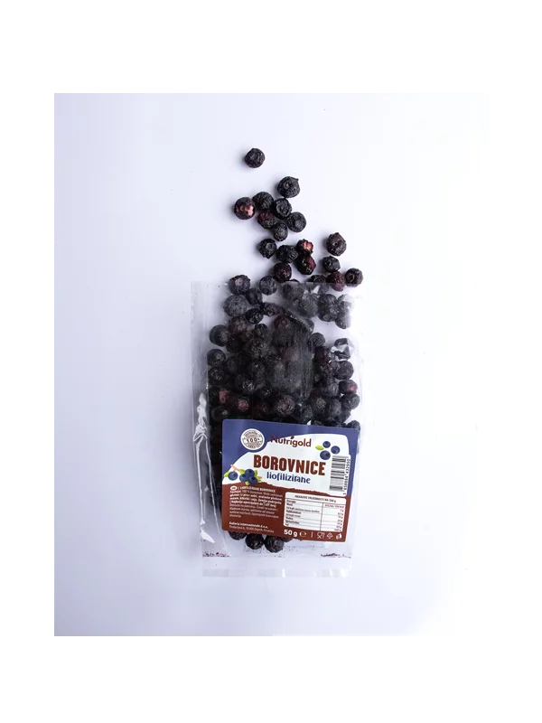 Nutrigold freeze-dried blueberries in a transparent packaging of 50g