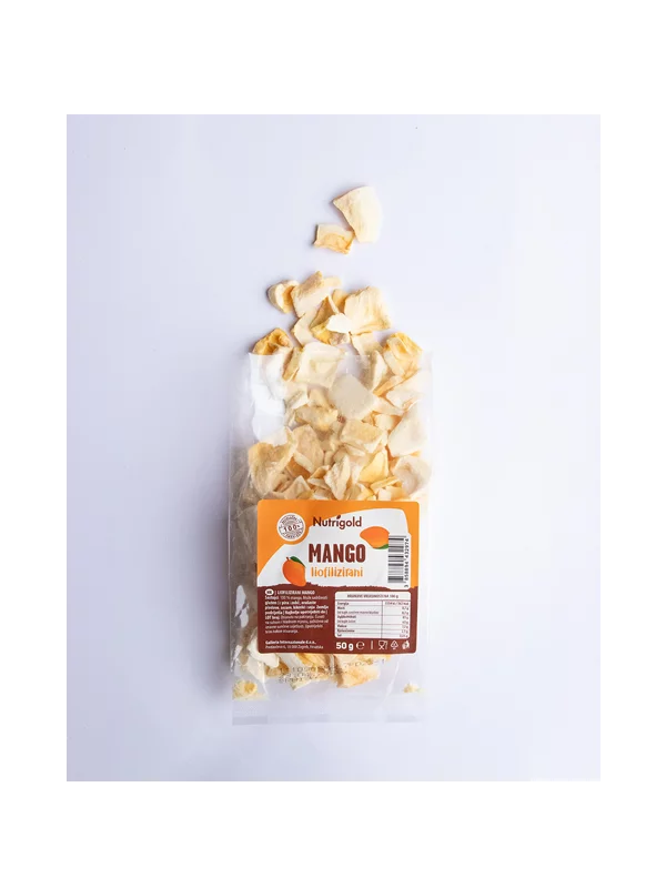 Nutrigold freeze-dried mango in a transparent packaging of 50g