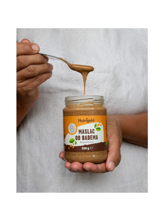 Nutrigold almond butter in a plastic tub of 350g