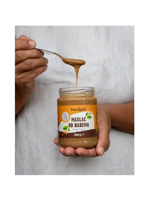 Nutrigold almond butter in a plastic tub of 350g