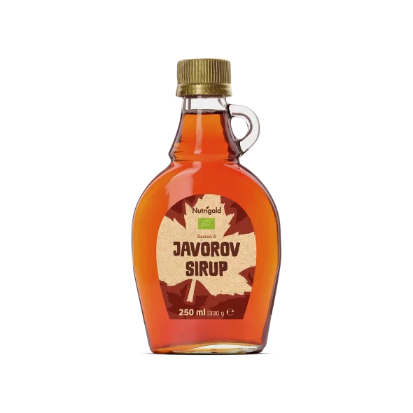 Nutrigold organic maple syrup in a glass packaging of 250ml