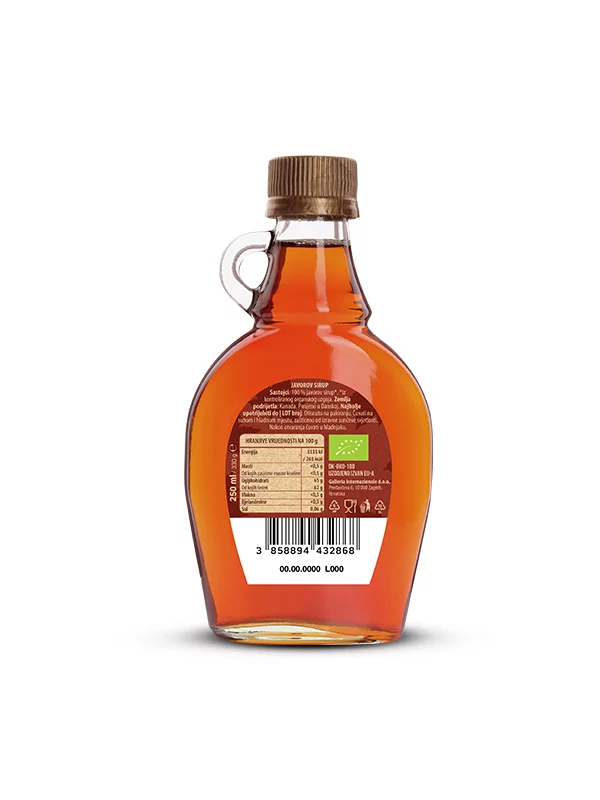 Nutrigold organic maple syrup in a glass packaging of 250ml
