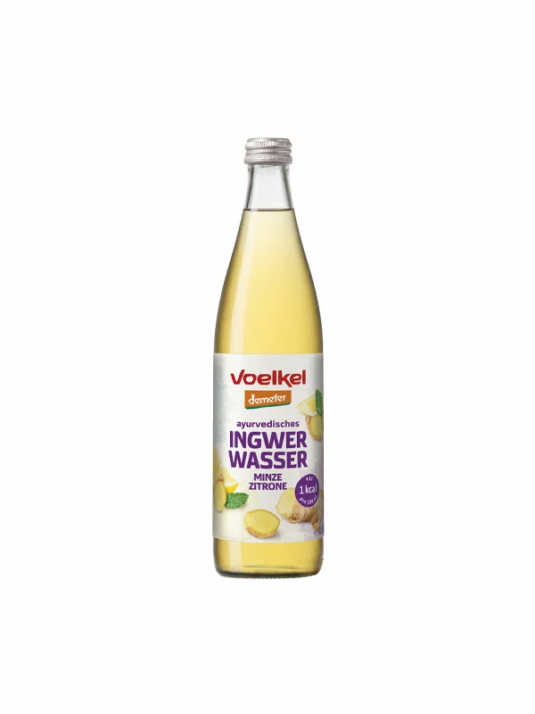 Voelkel Ayurvedic water with ginger in a glass bottle of 0,5L