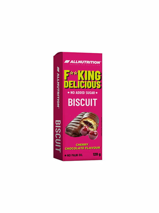 All Nutrition cherry chocolate flavour biscuit with sweetener and no added sugar in a pink cardboard box