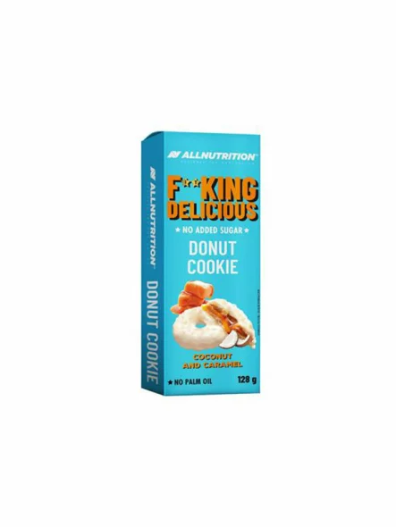 All Nutrition doughnut cookies with coconut and caramel in a blue cardboard box of 128g