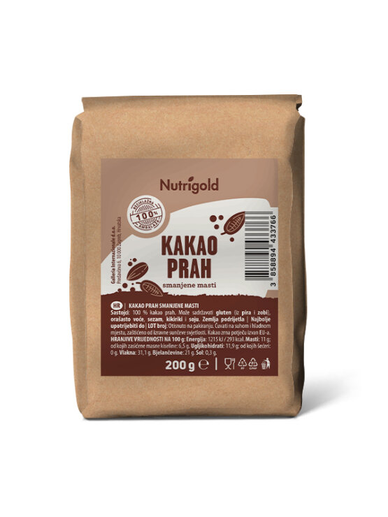 Nutrigold cocoa powder in a 200g paper packaging