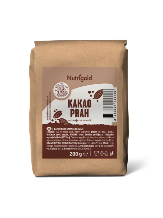 Nutrigold cocoa powder in a 200g paper packaging
