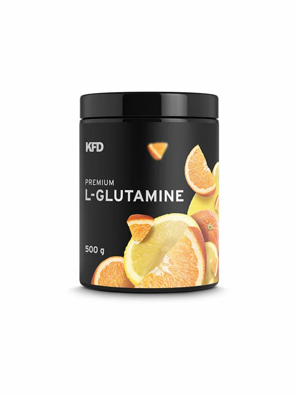 KFD Nutrition glutamine premium orange and lemon in a black container of 500g