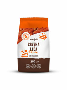 Nutrigold gluten free red lentil pasta in a transparent packaging of 250g