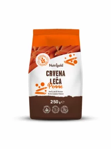 Nutrigold gluten free red lentil pasta in a transparent packaging of 250g