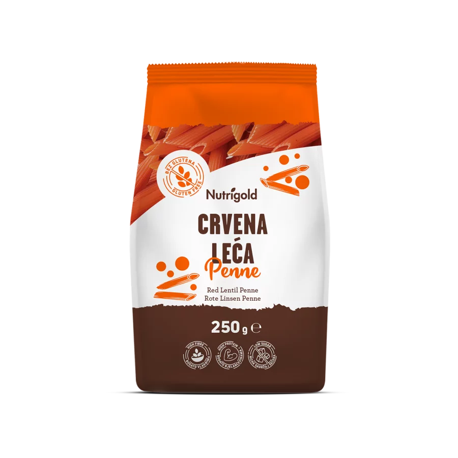 Nutrigold gluten free red lentil pasta in a transparent packaging of 250g