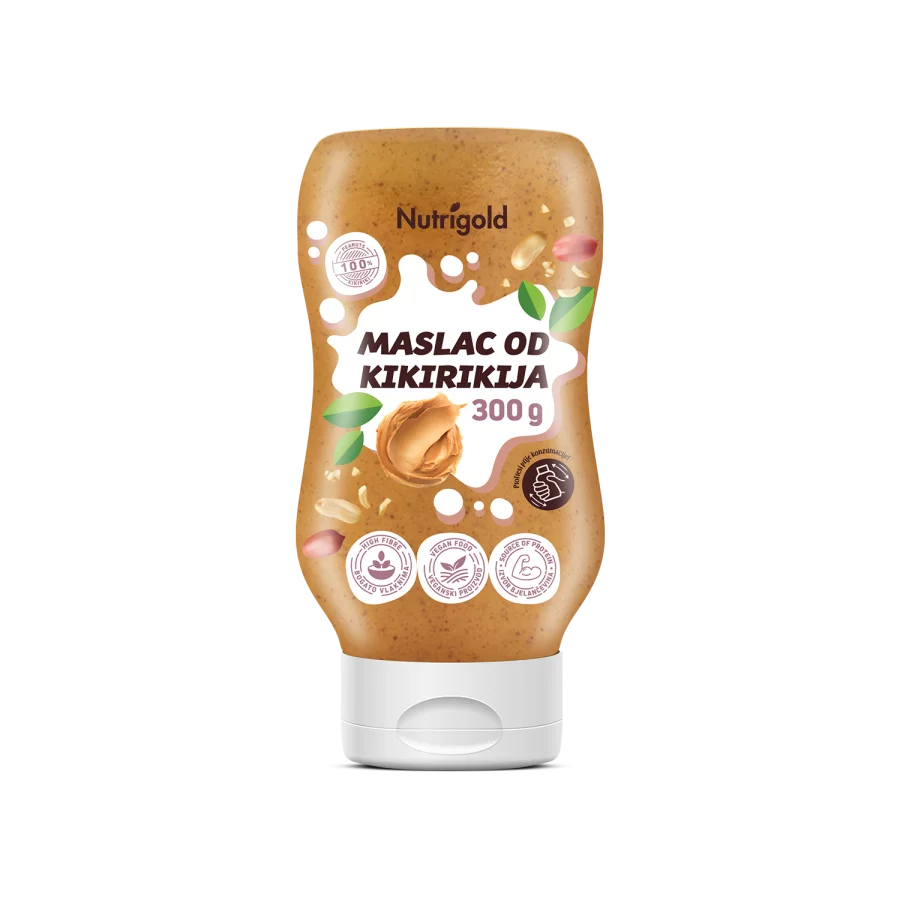 Nutrigold Maslac od kikirikija u prikladnoj squeeze ambalaži od 300gd.
