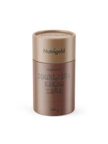 Nutrigold organic cocoa nibs in a cylinder-shaped cardboard packaging of 200g