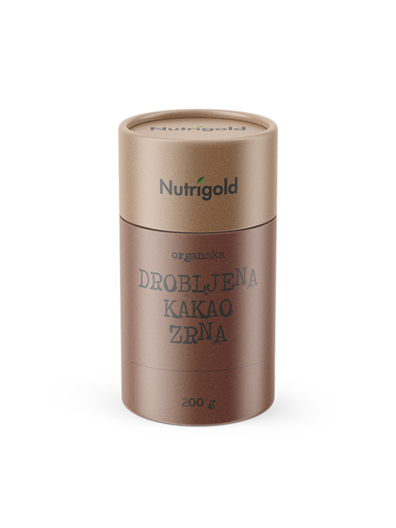Nutrigold organic cocoa nibs in a cylinder-shaped cardboard packaging of 200g