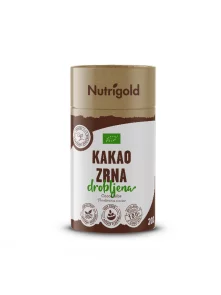 Nutrigold organic cocoa nibs in a cylinder-shaped cardboard packaging of 200g