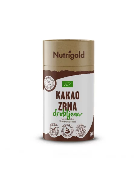 Nutrigold organic cocoa nibs in a cylinder-shaped cardboard packaging of 200g