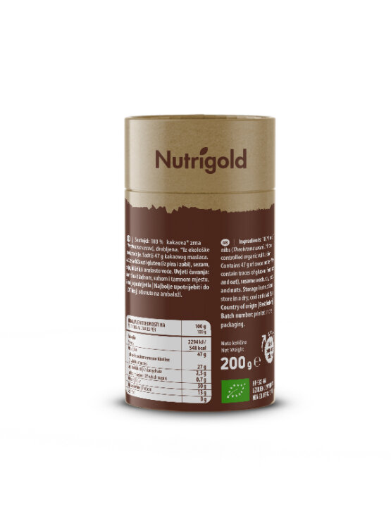 Nutrigold organic cocoa nibs in a cylinder-shaped cardboard packaging of 200g