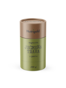 Nutrigold organic barley grass powder in a cylinder shaped packaging of 200g